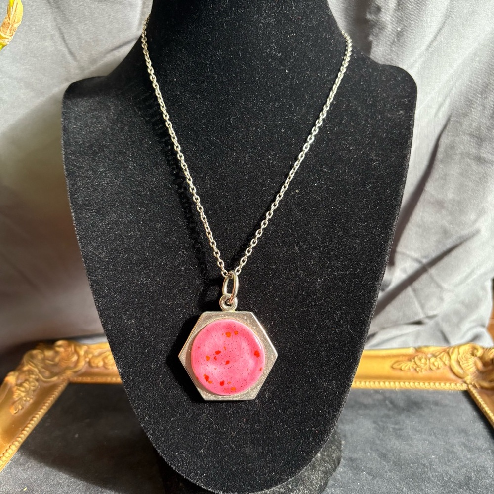 Ebba Jensen - Silver Hexagon Pendant Necklace with Pink and Red Resin